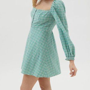 Urban Outfitters Viola Plaid Dress Size XS Green Crinkle Mini 3/4 Sleeve NWT